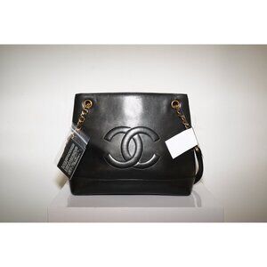 Vintage Chanel Lambskin CC Tote Bag Black Chain Ball